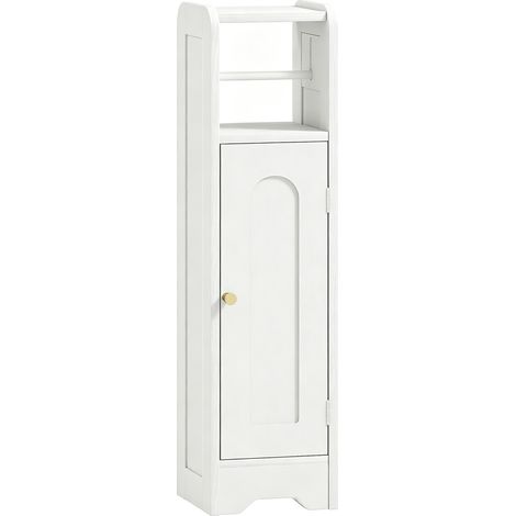 Meuble salle de bain et toilettes étroit - Blanc - Rangement avec étagère réglable - Gain de place pour petits espaces - Design pratique et compact (1/5)