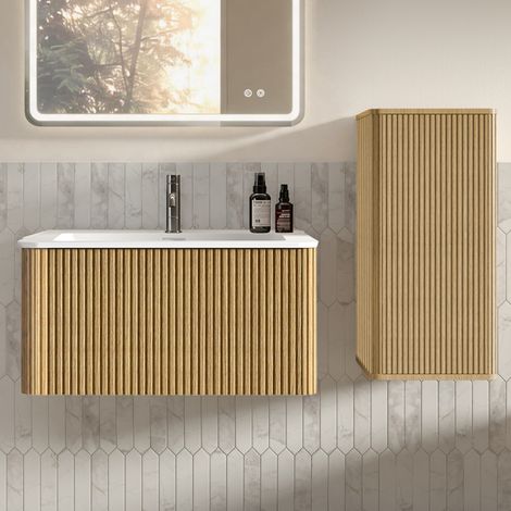 Mobile lavabo sospeso 81x46,5x37 cm in MDF rovere, salvaspazio – MEUBLIV (1/5)