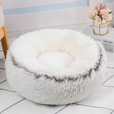Lit rond et duveteux pour animaux, cave anti-anxiété pour chat, fond antidérapant, lavable en machine (Beige clair, 50cm) (1/5)