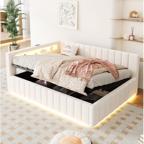 Lit coffre 140x200 cm capitonné en tissu blanc avec LED, USB et rangement hydraulique (1/5)