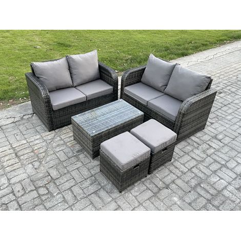 Fimous Rattan Garden Furniture Set 6 Seater Patio Outdoor Lounge Sofa Set with Rectangular Coffee Table 2 Small Footstools Dark Grey Mixed (1/4)