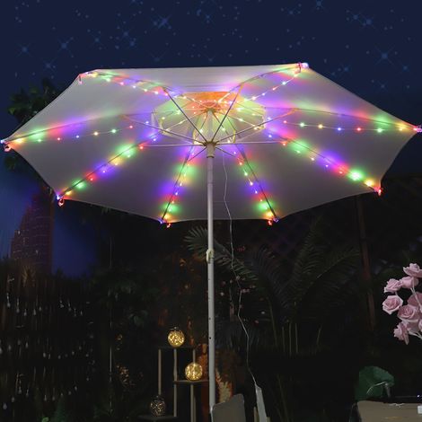 Ortviai Guirlande LED pour parasol en cuir synthétique – 104 lumières colorées, 1,25 m, avec télécommande et panneau solaire (modèle B)