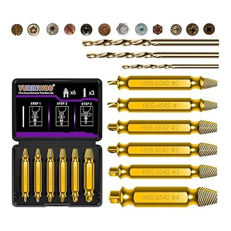 9 Pièces kit Extracteur de Vis Cassée en Alliage Titane, Dureté 80 HRC, Fabriqué en HSS 6542, Extracteur de Vis Dénudé, Extracteur de Petite Vis Pour Percer et Enlever des Vis Endommagées (1/5)