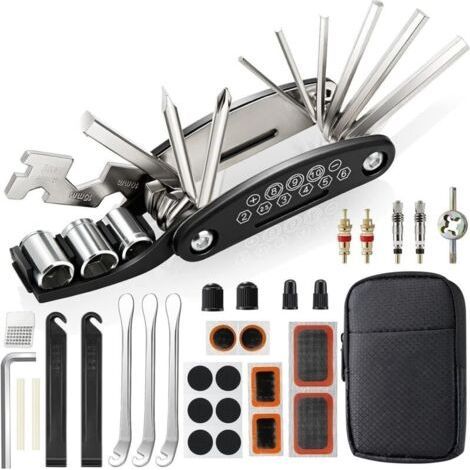 Kit Reparation Velo, Trousse Outils de Vélo, Outil Multifonction 16 en 1, Kit Crevaison Velo avec 3 Levier Pneu Velo, Rustine Velo Accesoire pour Bicyclette, VTT, Cyclisme (1/5)