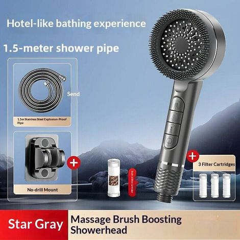 (Ensemble gris 3 pièces) Pommeau de douche multifonction à 4 modes de pression, réglable, avec large jet et fonction massage, accessoire de salle de bain (1/5)