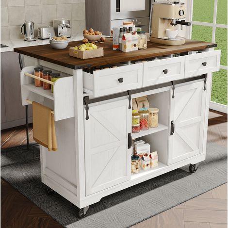Isla de cocina extensible con 2 puertas correderas, 3 cajones, 5 ruedas, MDF beige DESVIAE (1/5)