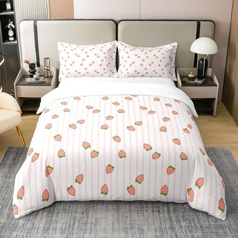 Fraise 100% Coton Housse de Couette 140x200cm Fille Kawaii Fraise Impression Enfants Parure de lit Adolescent Rose Stripe Literie Set Respirant Ensemble de Fruits décoration de Chambre - 140 x 200 cm (1/5)