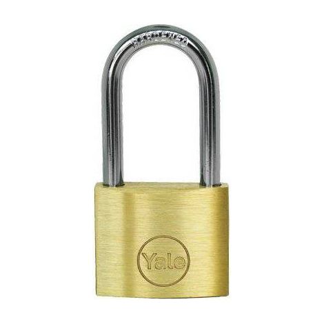 Candado de latón YALE arco largo 20 mm con alta resistencia y seguridad.