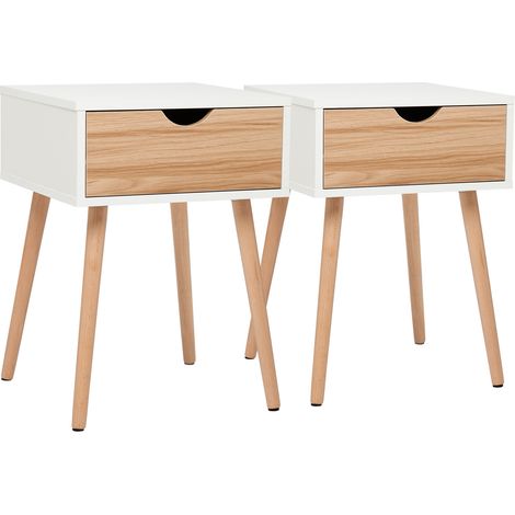 Lot de 2 Table de Chevet avec 1 Tiroir, 40L x 40P x 56H cm, Table d'Appoint Scandinave pour Chambre/Salon, Chêne et Blanc, Mondeer