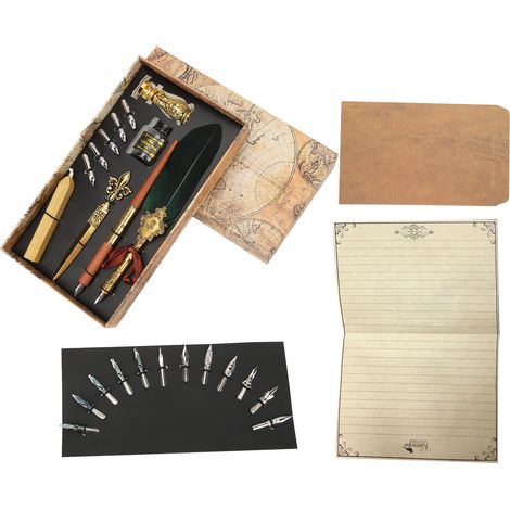 Feather Pen Set Retro British Creativity Writing Suit for Business Couple Elder Teacher GiftDark Green (1/5)