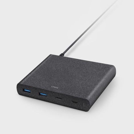 90W UNIQ Quick Charge 3.0 Wandladegerät, 2x USB + 2x USB-C, Schwarz