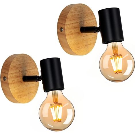 2 Pièces Applique Murale Intérieure, Applique Murale Chambre, Applique Bois Murale, Rotation 180° E27 Vintage Luminaire Interieur pour Chambre Salon Couloir Restaurant [Classe énergétique E]