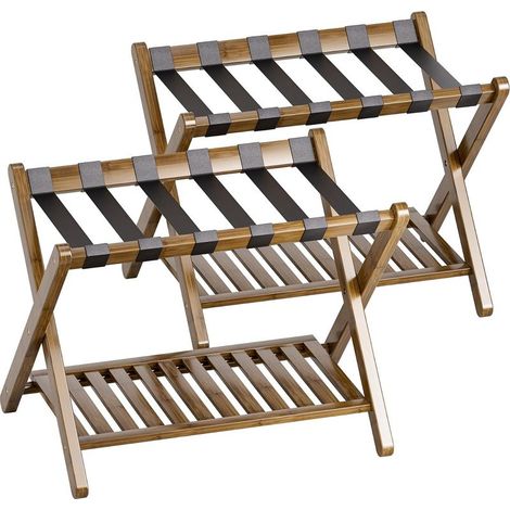 Porte-bagages, paquet de 2, porte-valise pliable en bambou avec étagère de rangement pour chambre d’amis, chambre à coucher, hôtel, robuste (noyer) (1/5)