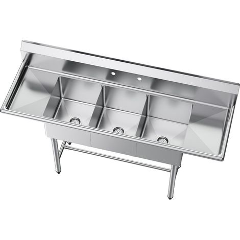 Mophorn Fregadero independiente de 3 compartimentos, acero inoxidable 304, diseño móvil de 1678 x 558 x 1097 mm con protector contra salpicaduras y 2 escurridores, ideal para exteriores y restaurantes (1/5)