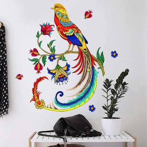 Stickers muraux 3D amovibles à faire soi-même, oiseaux colorés volant sur les branches d'un arbre, motif floral. (1/5)