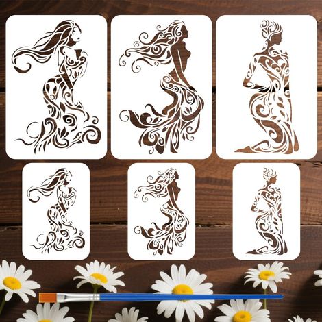 6PCS Pochoirs Femme avec Vignes avec Pinceau 21x29,7cm/20x14cm Pochoir Femme Arbre Pochoir Vignes Feuilles Modèle Personnages Thème Gabarit pour Bois Mur Meuble DIY Décoration Intérieure (1/5)