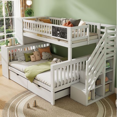 Etagenbett 90/200 und 140/200 cm weiß aus Kiefer mit Tafel und Stauraum (1/5)