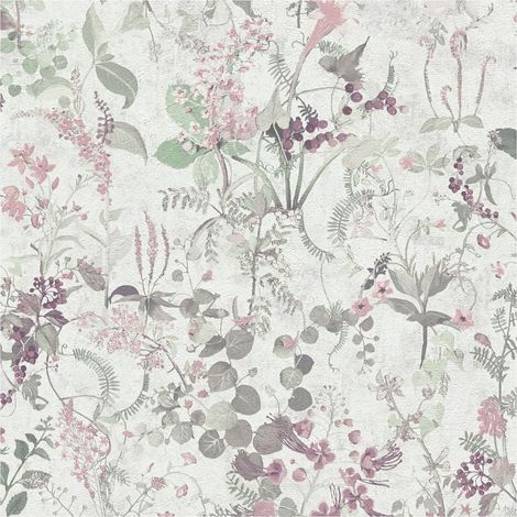 Papel pintado floral Profhome 388251 papel pintado vinílico estampado en caliente tejido non tejido texturado con ornamentos florales mate blanco gris-verdoso rosa violeta perlado 5,33 m2