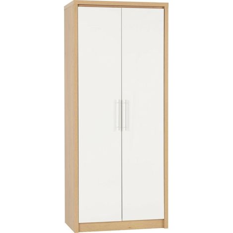 Seville 2 Door Wardrobe - L47 x W76 x H180 cm - White High Gloss/Light Oak Effect Veneer (1/5)