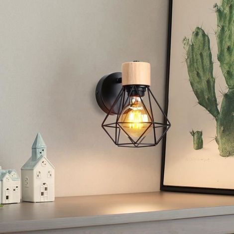 Applique Murale Vintage Industrielle E27 Noir en Métal Plafonnier Luminaire 40W Rétro Applique Avec Bois (1/4)