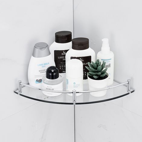 Silver Set of 2 Bathroom Glass Corner Shelf Wall Mounted (1/5)