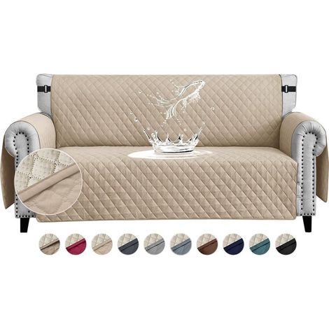 Waterproof sofa cover with armrests, 3-seater, non-slip, thick, washable, with side pockets for pets (dogs, cats), beige (1/5)