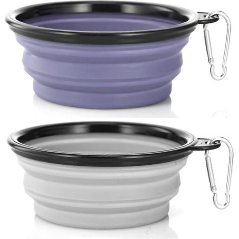 Gamelles pliables chiens/chats, lot de 2 portables promenades/voyages, 2 mousquetons, petit modèle violet et gris béton (1/5)