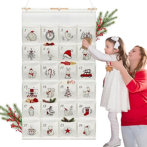 Leerer Adventskalender zum Befüllen bis 2026, Weihnachtskalender aus Stoff für Kinder, 130 x 70 cm, Wandkalender zum Aufhängen mit 24 Taschen, wiederverwendbarer Stoffbeutel für Geschenke und Süßigkei (1/5)