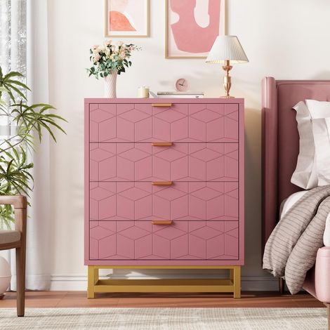 Commode Rose 4 Tiroirs Moderne avec Pieds Dorés, Meuble de Rangement Design pour Chambre (1/5)