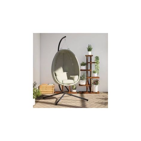 Chaise suspendue en forme d'œuf et support beige tissu et acier (1/5)
