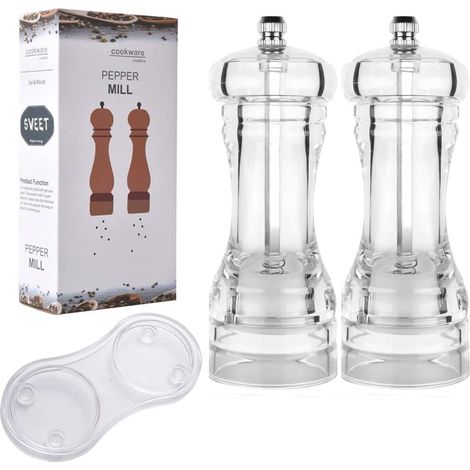 Lot de 2 moulins à poivre transparents rechargeables et réglables en acrylique transparent de 13.7 cm avec rotor en céramique (1/5)