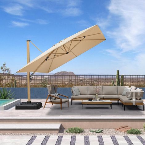 PURPLE LEAF Parasol Déporté Extérieur 3,65 x 3,65 M Carré avec Apparence Teck, Grand Parasol en Aluminium pour Terrasse, Adapté pour Jardin, Piscine, Beige