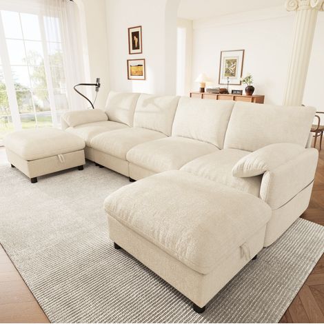 Canapé d’angle modulaire 273.5x133x81 cm beige en chenille avec 2 poufs coffre, ports USB/Type-C et support téléphone (1/5)