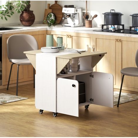 Mesa plegable con ruedas 70x83x75 cm blanco en madera con almacenamiento y laterales abatibles (1/5)