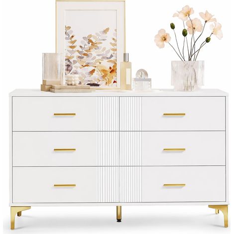 Commode 6 tiroirs blanche en MDF, façade rainurée, 120 x 40 x 76 cm, grande capacité pour salon ou chambre, avec pieds hauts et sécurité anti-basculement CHICFURN (1/5)