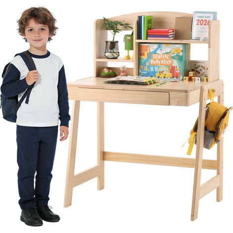 Table enfant en bois massif, hauteur réglable, tiroir, rangement, crochets, teintes naturelles, sécurité certifiée, dès 6 ans (1/5)