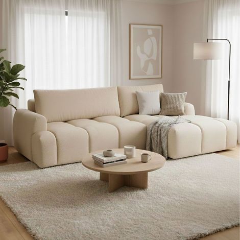 M&S – Canapé d'angle convertible à droite en tissu texturé beige – Rembourrage mousse haute densité – Dimensions 270x123/173x86,5 cm