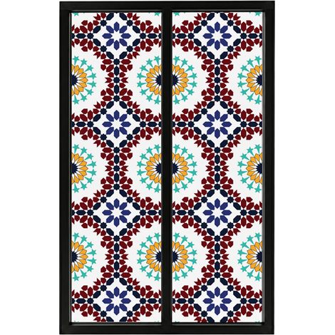 Verrière atelier intérieure aluminium noir 2 vitrages 69 x 117 cm - Décor oriental - Taljane - bleu et multicolore et transparent - Verre trempé (1/5)