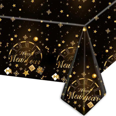 Bonne Année Nappe Plastique Rectangulaire Anti Tache,137274cm Nappe de Table Or Noir Rectangulaire Imperméables Lavable Extensible,pour Décoration Table,Anniversaire,Fournitures Nouvel An Fête (1/2)