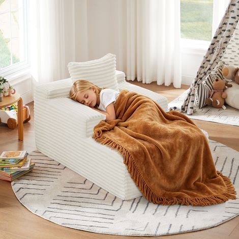 Canapé convertible en velours côtelé – Sans structure rigide – Canapé-méridienne relax confortable – Sans assemblage – Dimensions 117 x 81 x 50 cm – Beige (1/5)