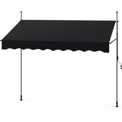 Store banne manuel noir en polyester avec manivelle, hauteur réglable et structure métallique pour terrasse, balcon et jardin