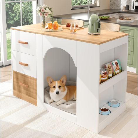 Isla de cocina con 3 cajones, zona para mascotas, 120 x 60 x 90 cm, blanco y madera HAVRYA (1/5)