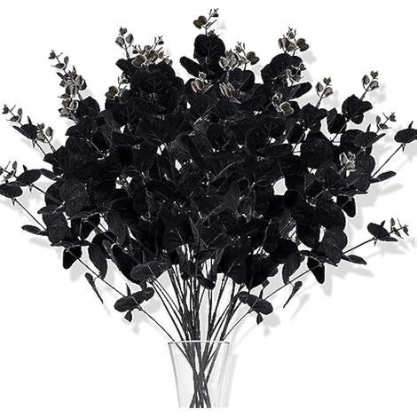 10 tiges d'eucalyptus artificiel noir Halloween, fausses fleurs décoratives réalistes pour décoration maison et fête (1/5)