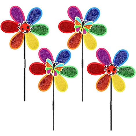 Lot de 4 moulins à vent pour jardin, motif arc-en-ciel de fleurs colorées (voir photo). (1/5)