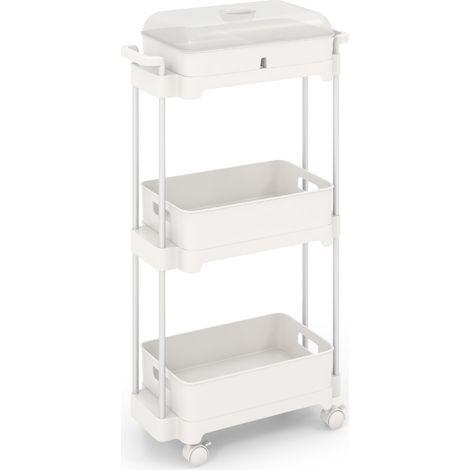 Carrello utilitario a 3 livelli con ruote bloccabili Carrello di stoccaggio con coperchio e scaffali rimovibili Bianco (1/4)