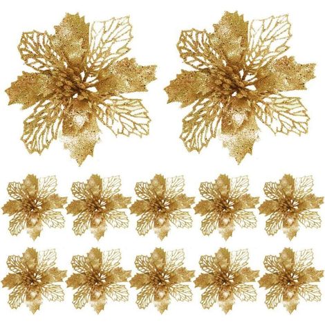12-teiliges Set glitzernder Weihnachtssternblüten, glitzernder Weihnachtsbaumschmuck für Hochzeitsfeiern (Gold)