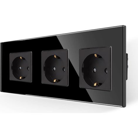 Prise triple en noir, 16A - Prises murales en verre Schuko encastrée - Prise murale de protection - 228 86mm, 250V, 3 prises (1/5)