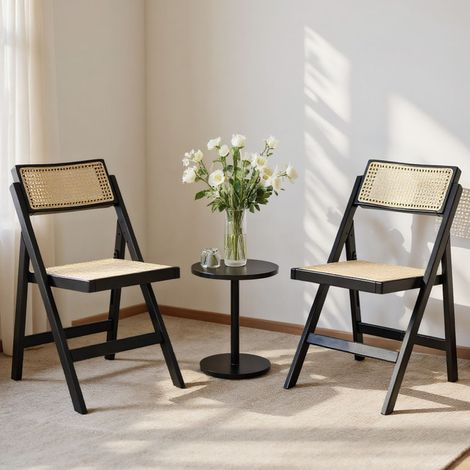 Wahson Lot de 2 chaises pliantes en bois et rotin – Dossier respirant en rotin tressé – Cadre en bois massif – Hauteur d'assise 46,5 cm, Noir