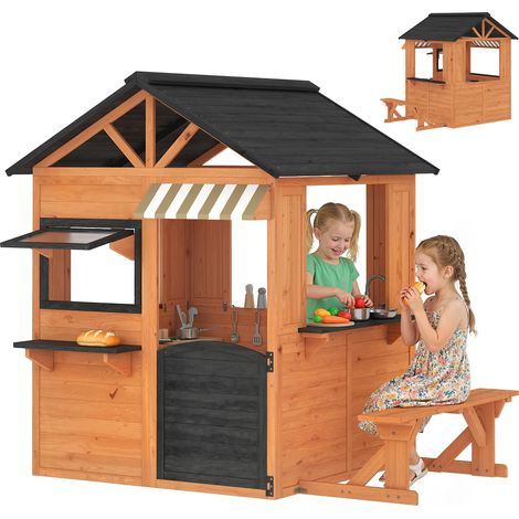 AIYAPLAY Casetta per Bambini da Esterno con Cucina in Legno di Abete, Marrone