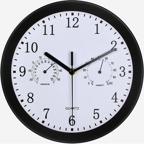 Horloge de jardin extérieure en métal noir avec thermomètre et hygromètre, idéale pour votre terrasse ou votre piscine. (1/4)